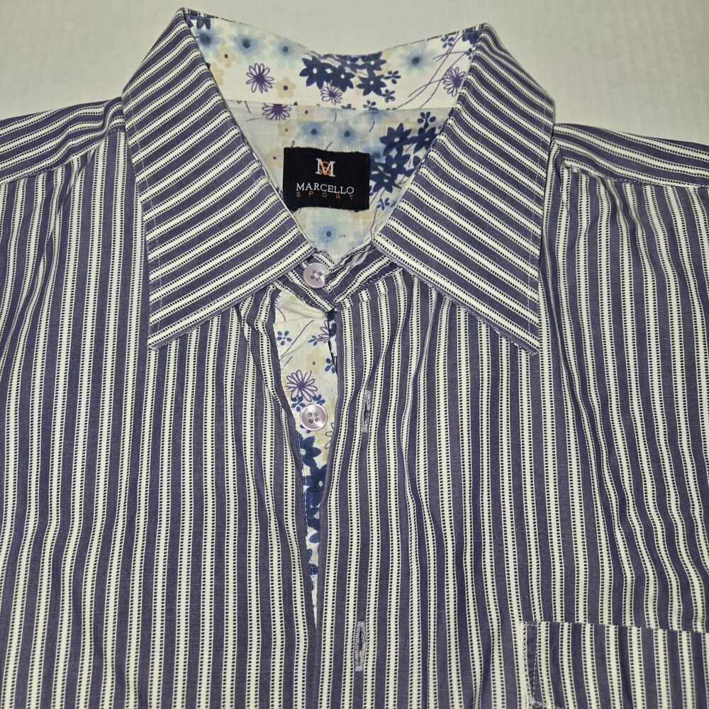 Marcello Sport Button Down Dress Shirt Purple White Striped Long Sleeve  Sz L